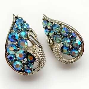 Vtg Signed CORO Statement Earrings Blue Aurora Borealis Clip On Glam